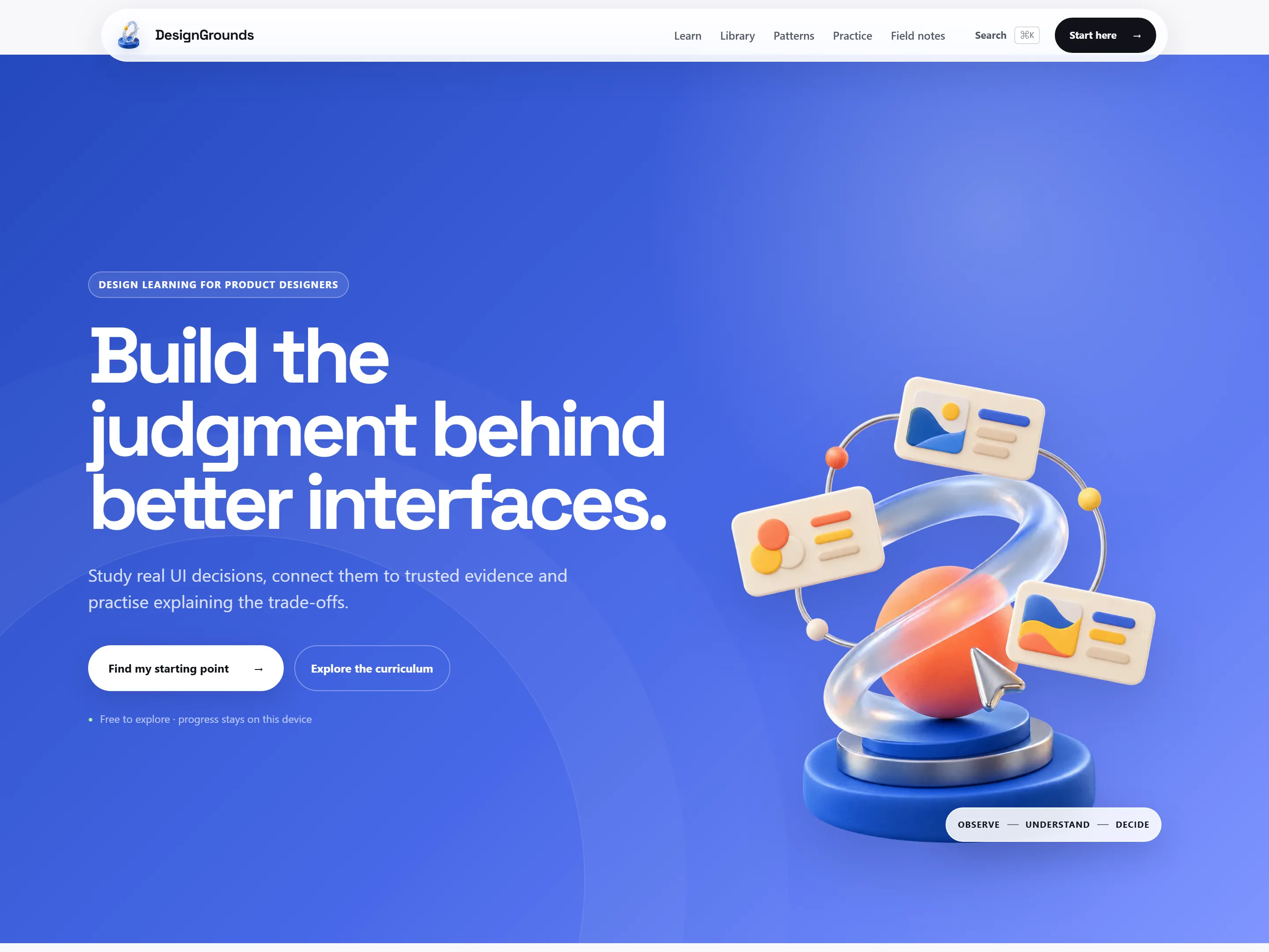 DesignGrounds learning platform with a blue illustrated opening and practice routes