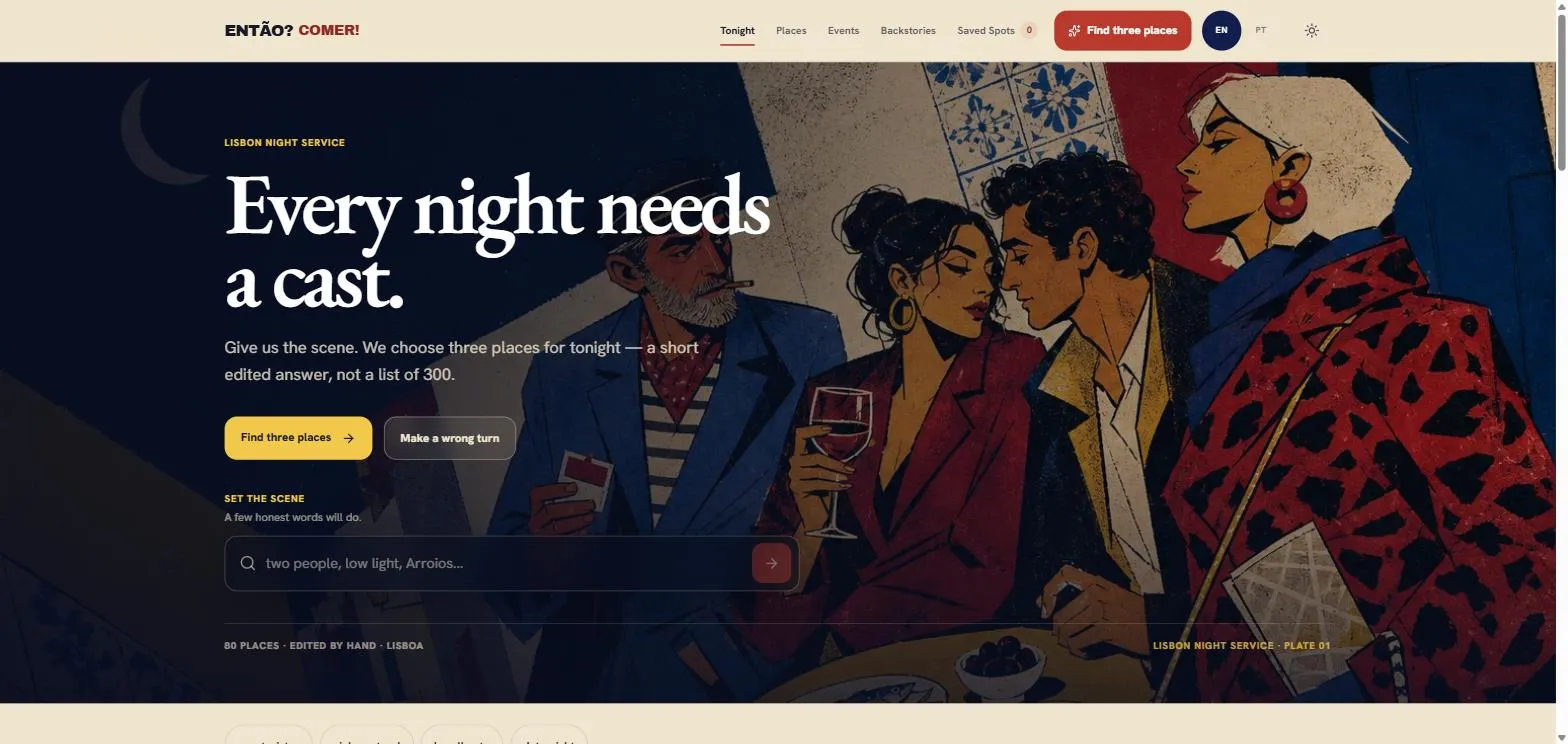 Então? Comer! illustrated homepage and its routes into a Lisbon evening