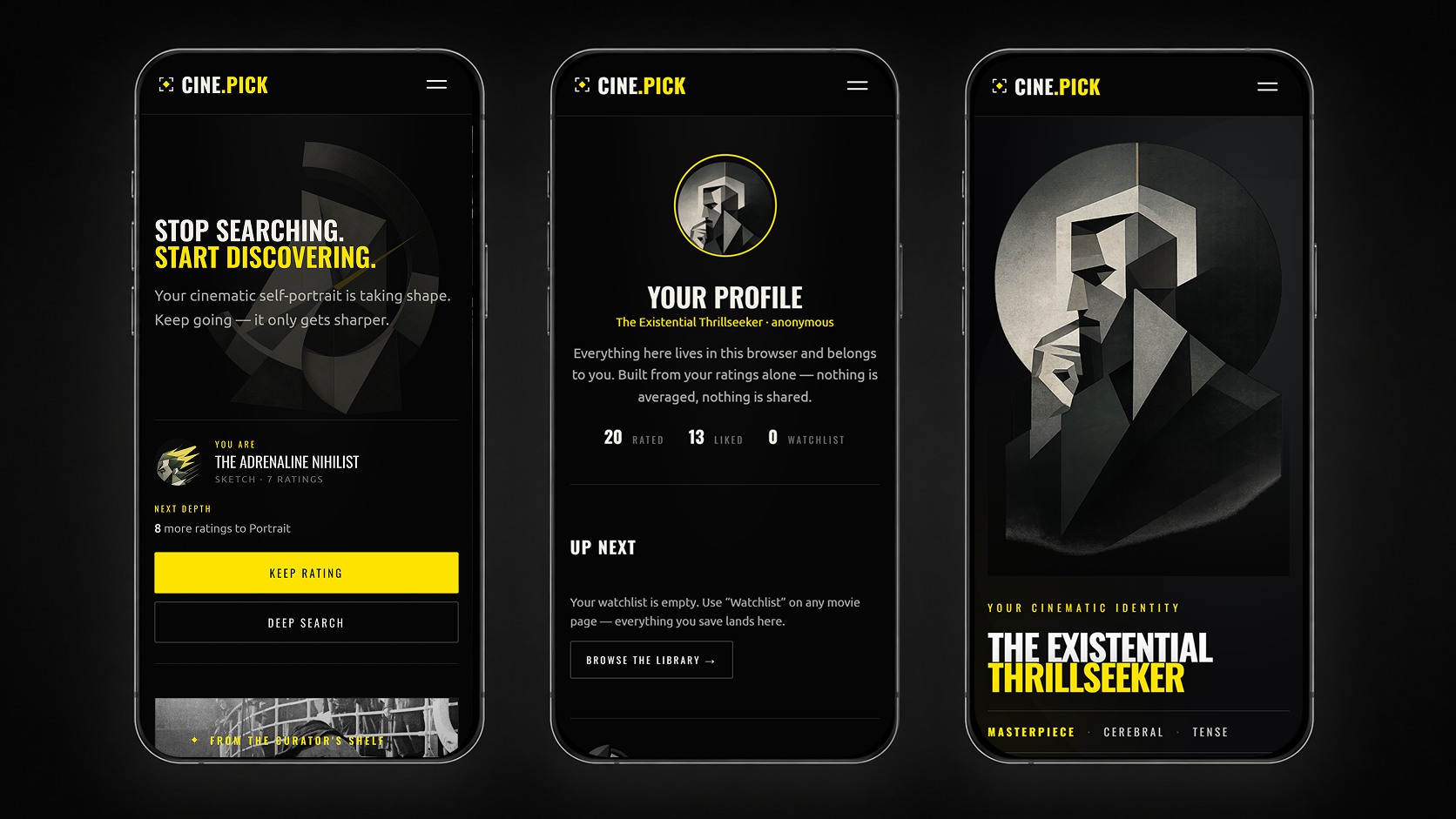 Core mobile screens share navigation, controls and typography.