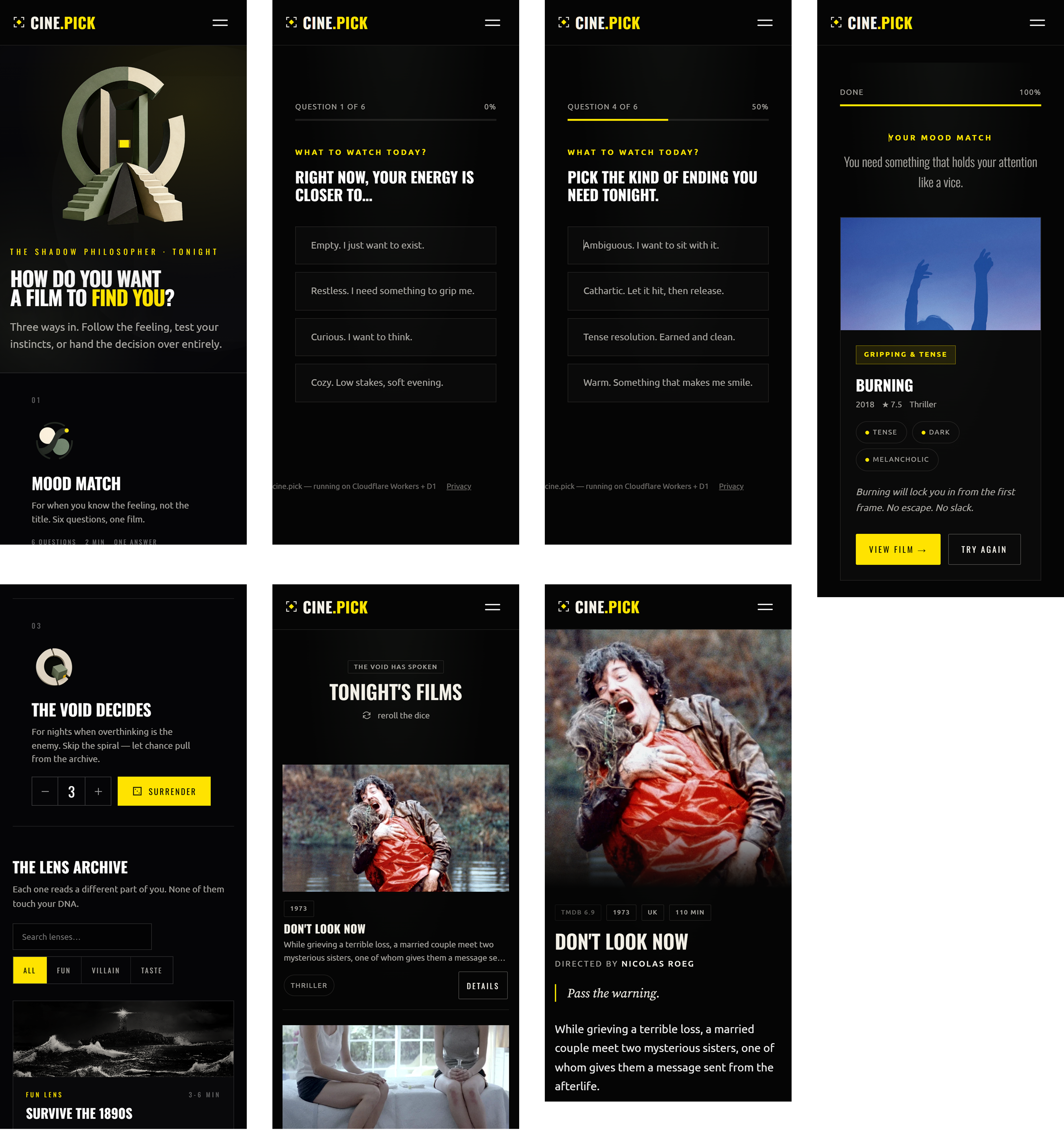 Mood-based discovery, a suggested film and its detail page on mobile.