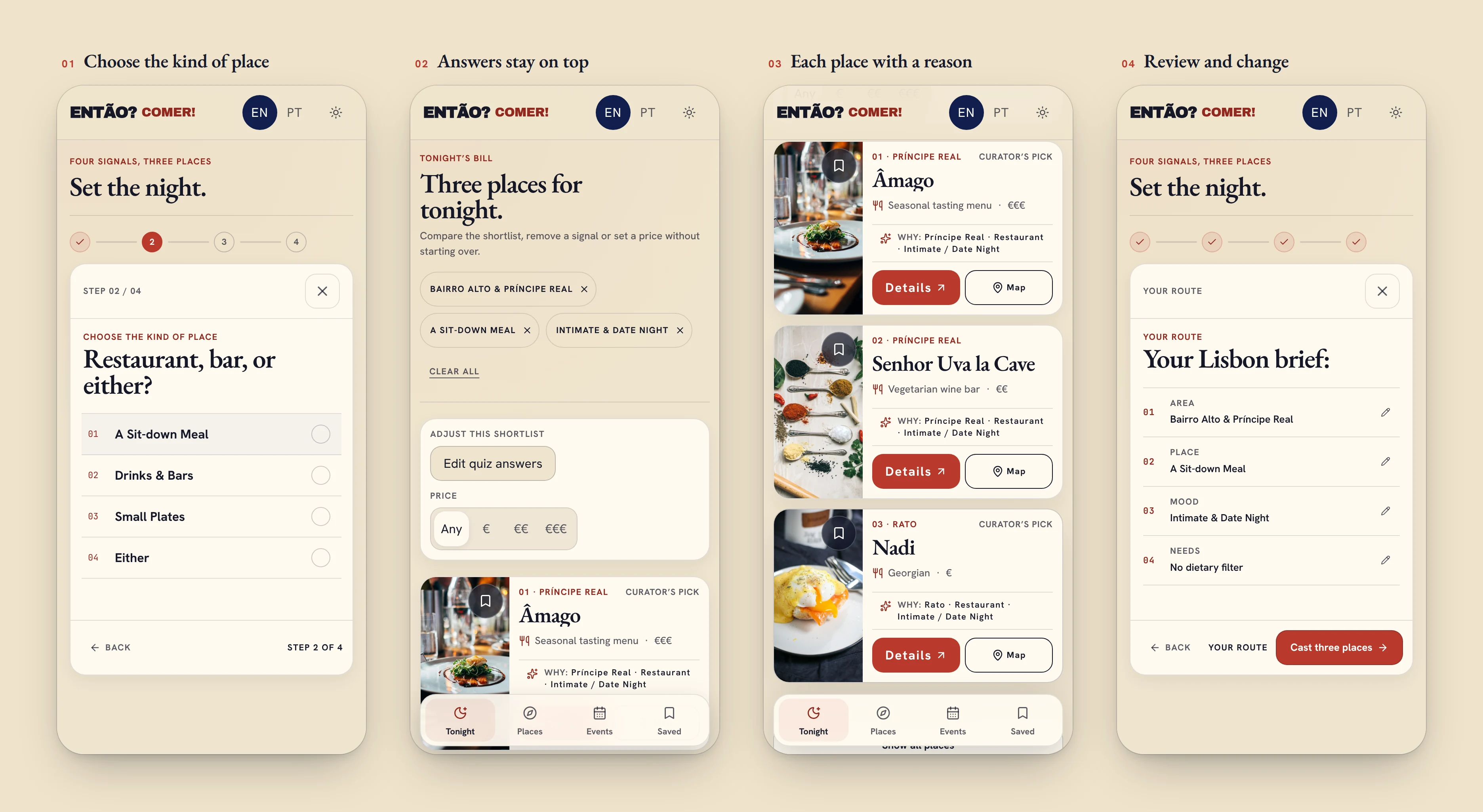 On a phone: a quiz step, the answers above the results, a recommendation with its reasons, and the review where any answer can be changed.