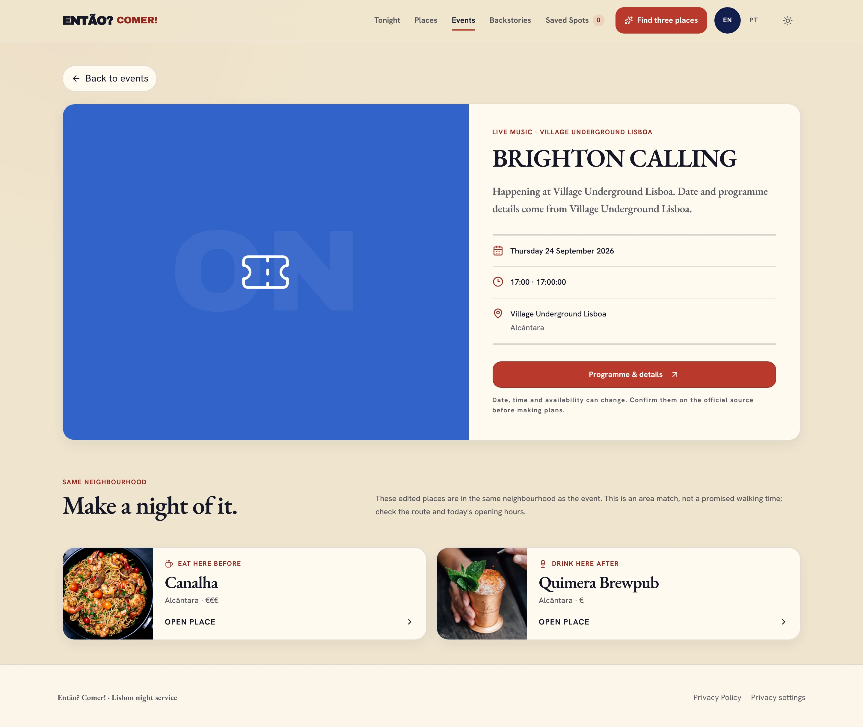 An event page suggests where to eat before and drink after, in the same neighbourhood.