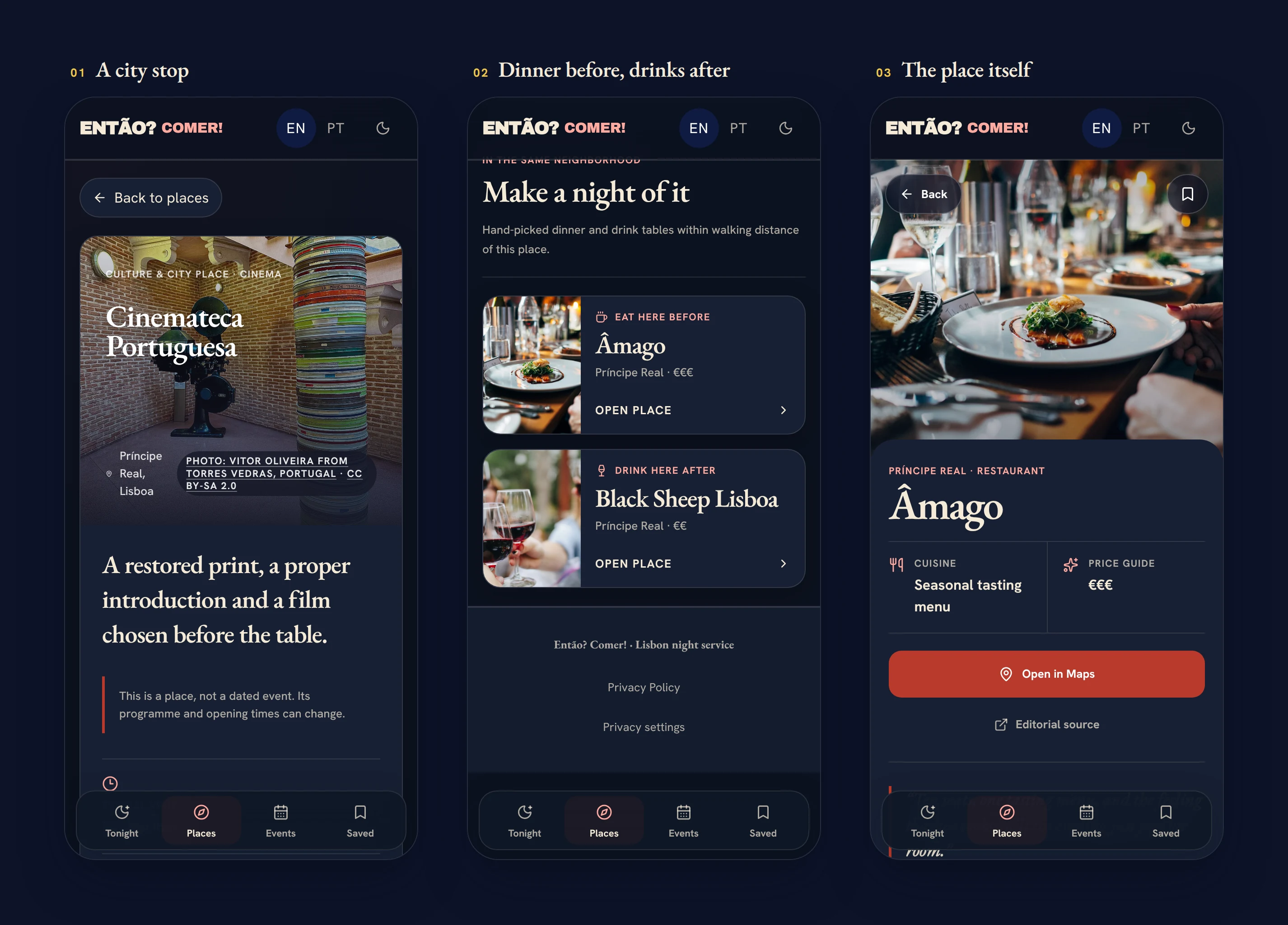 City stops connect to places to eat before or drink after (dark theme).