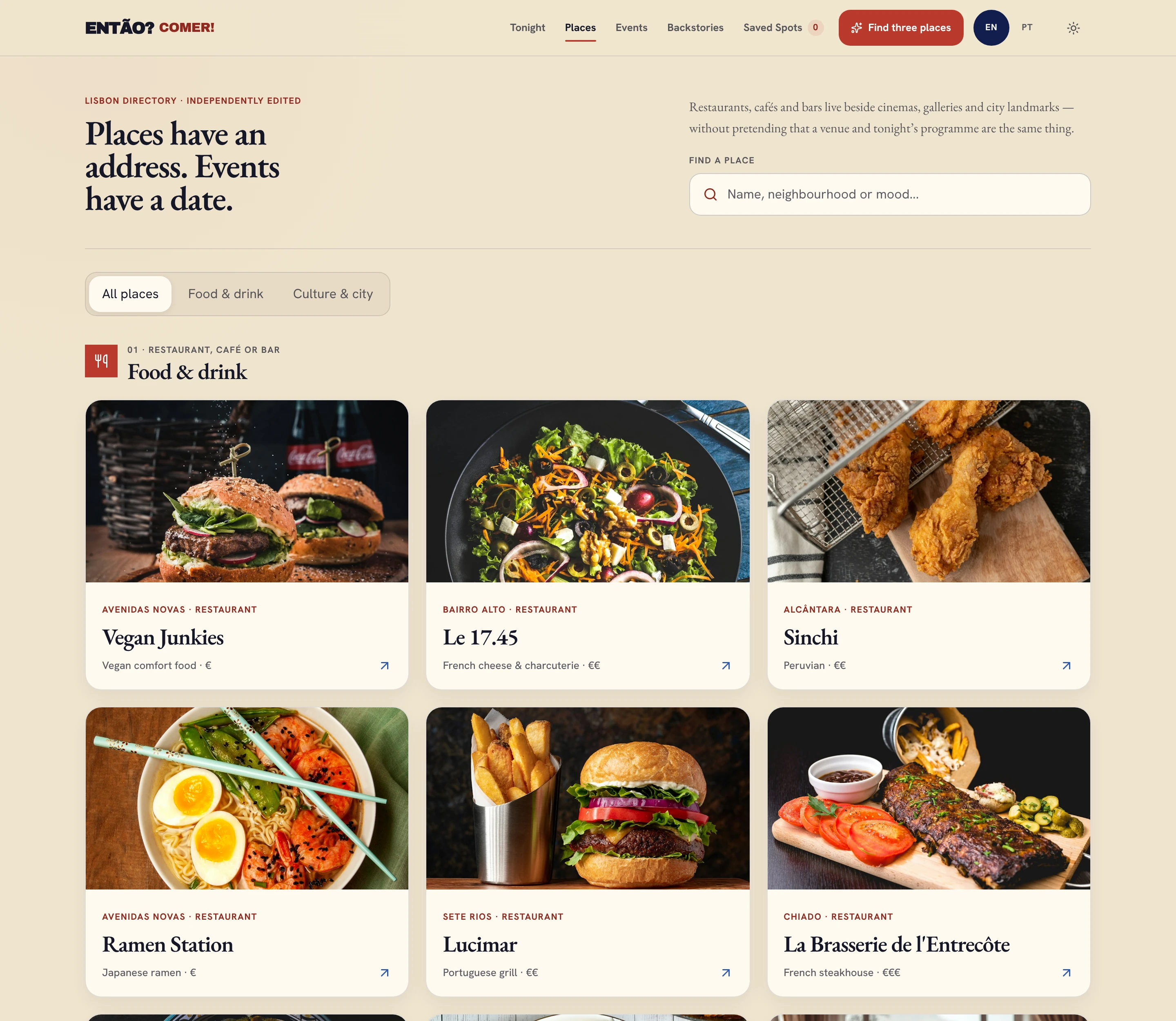 The directory: editorial type, warm paper colours and a photo for every food and drink entry.