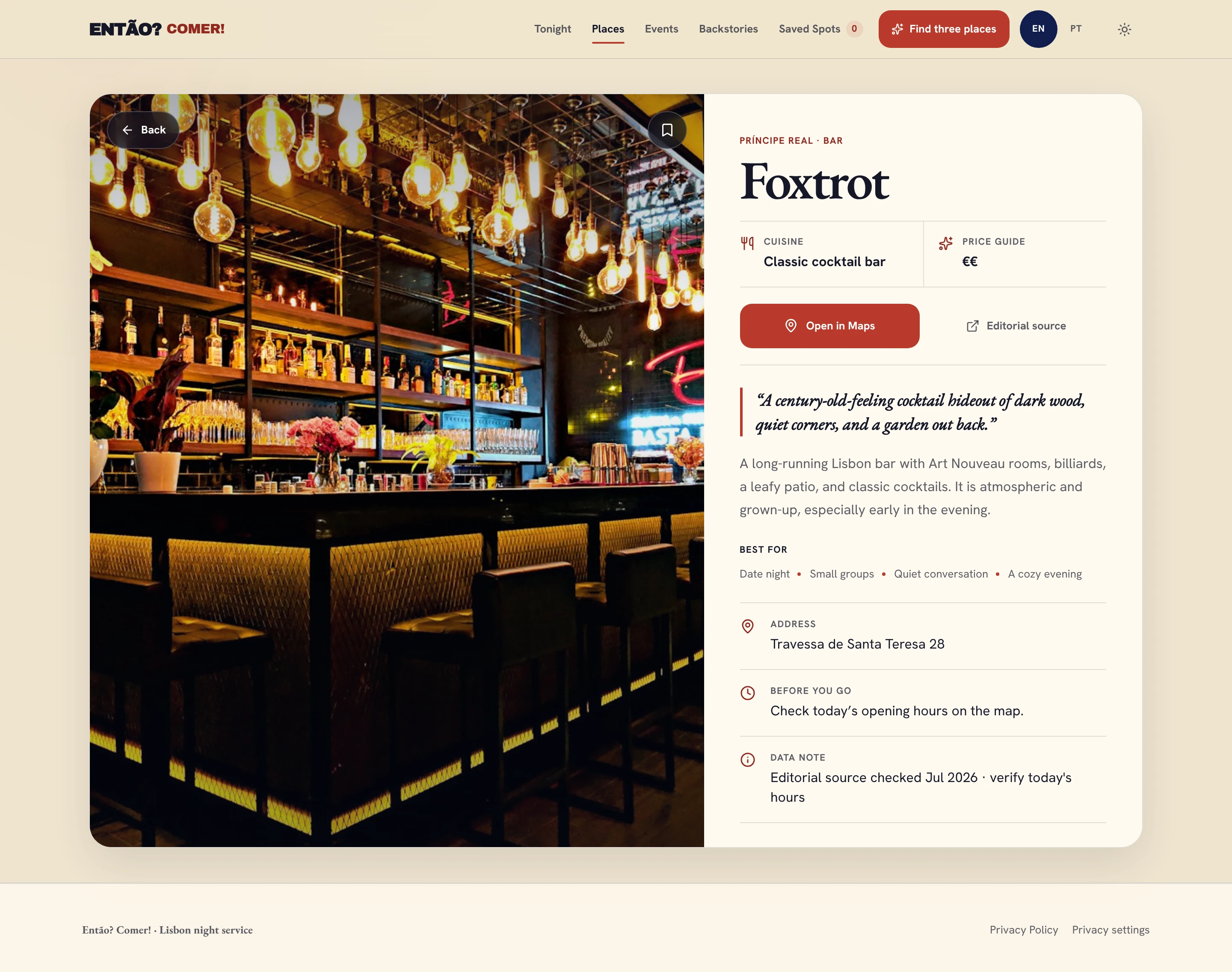 One place on a single sheet: cuisine, price, the map action, the editorial quote and source status.
